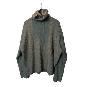 H&M XXL Ribbed Turtleneck Sweater with Distressed Neckline – Sage Green Oversize